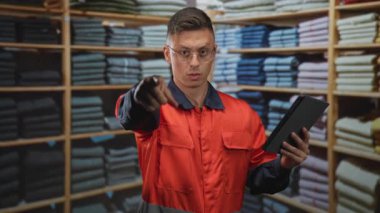 Elinde tablet tutan turuncu iş ceketi giyen ve sağ eliyle işaret eden adam, katlanmış giysileri binanın içindeki raflarda duruyor. Kendine güvenen servis..