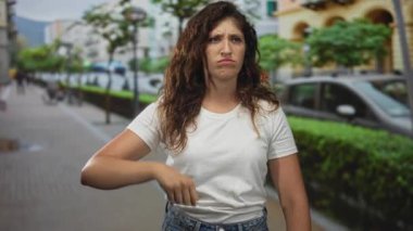 Beyaz tişört giyen genç İspanyol kadın ve elleri kalçasında kot pantolon giyen ve somurtan şehir kaldırımında kaşlarını çatan;.