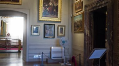 Çerçevelenmiş tablolar, ip bariyerleri ve müzedeki yumuşak bulanık bokeh odaklı serbest yelpaze; arka plan kopyalanmış arka plan arka plan şablonu.