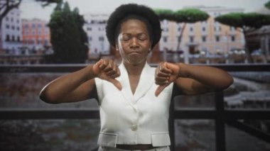 Bir meydanda çıplak elle baş parmak gösteren kadın, gün ışığında çeşme ve taş parmaklıkların yanında eleştiri yapıyor..