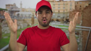 Kırmızı şapkalı İspanyol genç adam ellerini kaldırdı ve antik binanın önünde ağzını açtı..