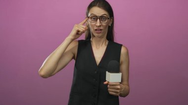 Gözlüklü genç kadın muhabir mikrofon tutuyor ve pembe stüdyoda parmağıyla şakağı işaret ediyor..