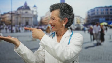 Gülümseyen yaşlı kadın doktor gri saçlı ve steteskop jestleriyle Vatikan şehir meydanında.