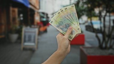 Bir kentin caddesinde elinde Romen Ley 'i tutan beyaz bir adam, el ve banknotlara odaklanmış para ve kentsel ortamı vurguluyor..
