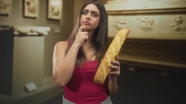 Elleri çenesinde baget tutan, kırmızı tişört ve kot giyen, müze yardımcıları önünde duran bir kadın, tefekkür merakı.