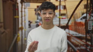 Gözlüklü ve beyaz kazaklı bir adam bina iskelesinin yanında parmaklarını çimdikliyor; açık merak.