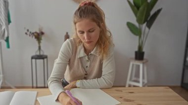 Bir kadın, evde, masa başında oturan sarışın bir gencin yanında yazarken kalemini tutuyor. Kapalı alandaki bitkinin yanında bir defter var..