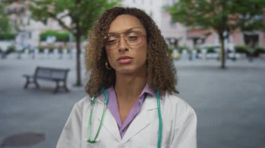 Beyaz laboratuvar önlüğü ve steteskop giyen kadın doktor konuşuyor ve şehir caddesinde bir bankın yanında duruyor..