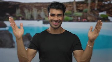 Siyah tişört giyen İspanyol adam, havuz kenarında havuz kenarında geniş bir el hareketi gösteriyor..