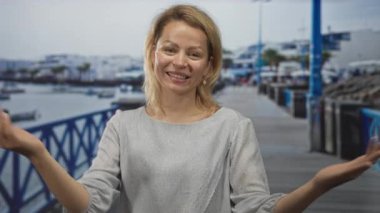 Sarışın kadın güler ve elini göğsüne koyar. Güpegündüz rıhtımdaki teknelerin güvertesinde. Minnettarlık..