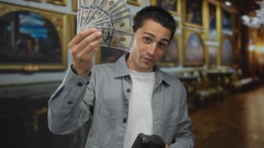Bir müzede elinde kamera tutan ve ABD dolarlarını yelpazeleyen genç İspanyol bir adam..
