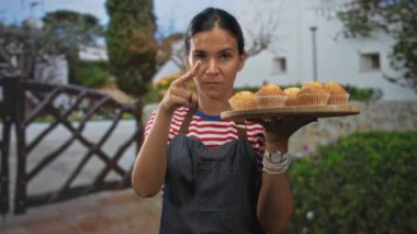 Kot önlük giyen ve çizgili gömlek giyen bir kadın elinde kek tepsisi ve bir binanın girişindeki izleyiciye işaret ediyor..