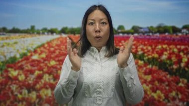 Stüdyo lale sahasında şaşkın yüzlü el çırpan bir kadın, görünür beyaz düğmeli gömlek ve el çırpma ortasında eller; sürpriz merak.