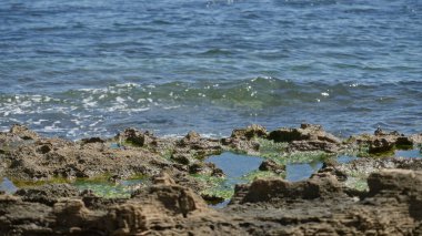 Güneşli bir günde kayalık ön planda ve berrak mavi denize sahip Akdeniz kıyıları, sakin kıyı ortamlarını ve sakin doğa manzaralarını resmetmek için idealdir..