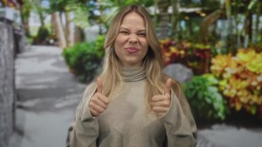 Genç sarışın kadın güneşli şehir caddesinde çifte olumlu jest gösteriyor; olumlu güven onaylama iyimserliği.