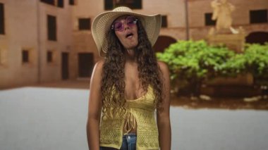 Geniş şapka, mor güneş gözlüğü takan, avluda örgü ören sarı bluz ve kot pantolon giyen kadın..