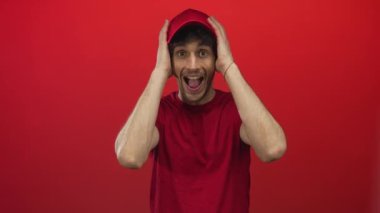 Young man wearing red shirt and cap with hands on cheeks and open mouth against red studio backdrop; surprise.