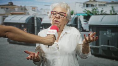 Renkli gözlüklü yaşlı kadın kırmızı bir mikrofona seslenerek, sokakta büyük çöp konteynerlerinin yanında iki eliyle işaret ve el kol hareketi yapıyor; toplumsal endişe.