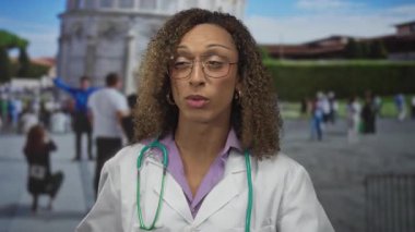 Kadın doktor, gökyüzü altındaki turistlerin gözü önünde kule önünde steteskop tutuyor..