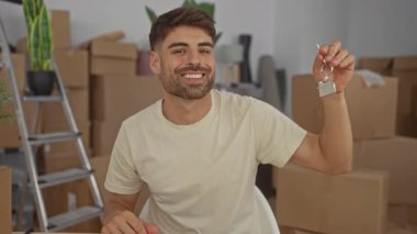 Karton kutularla çevrili binada adam gülümsüyor ve parmağıyla anahtarı işaret ediyor; gurur başarı artışı.