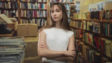 Kitaplıklar arasında kolları çapraz duran ve kütüphane binasında kutuları istifleyen genç bir kadın, şüpheli bir ifadeyle kameraya bakıyor; güven bağımsızlığı.