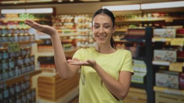 Elleri havada bir kadın süpermarket koridorunda raflara işaret ediyor, gülümsüyor ve depolanmış kavanozların ve paketlenmiş malların yakınındaki ürün alanını sunuyor, iç mekanda iyi aydınlatılıyor; neşeli bir karşılama..