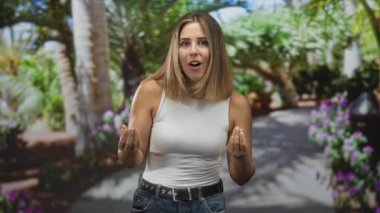 Kadın elini yüzünü örtüyor ve güneş ışığı alan orman yolunda beyaz bir kolla kollarını kavuşturuyor. Hayal kırıklığı yansıması..