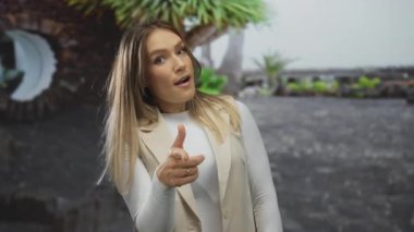 Kadın şehir sokaklarında kendine güvenen bir ifadeyle şakacı hareketler sergiliyor, açık hava ortamında açık yürekli bir atmosferde duygu ve tarz sergiliyor..