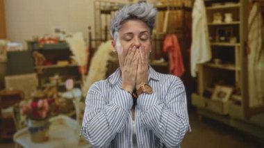 Kısa gri saçlı kadın, kapalı mağazada mağaza eşyalarıyla çevrili işaret parmağıyla yanağa dokunuyor; sessiz tefekkür.