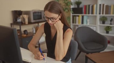 Kadın ofis masasında kalemle, yumruk yumruğa jest, konsantrasyon verimliliği planlamasıyla notlar yazıyor.