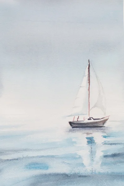 Akvarell havet morgon en båt — Stockfoto