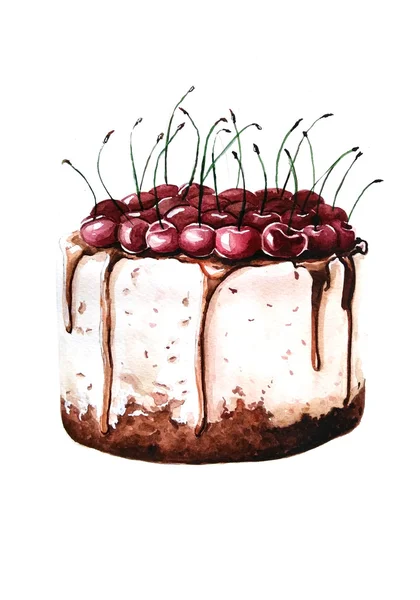 Cherry cake, watercolor — Stock Photo, Image