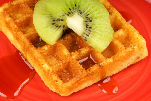 Waffle with kiwi fruit and syrup — Stock Photo, Image