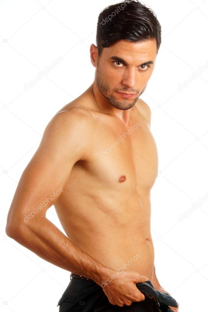 Man undressing over white