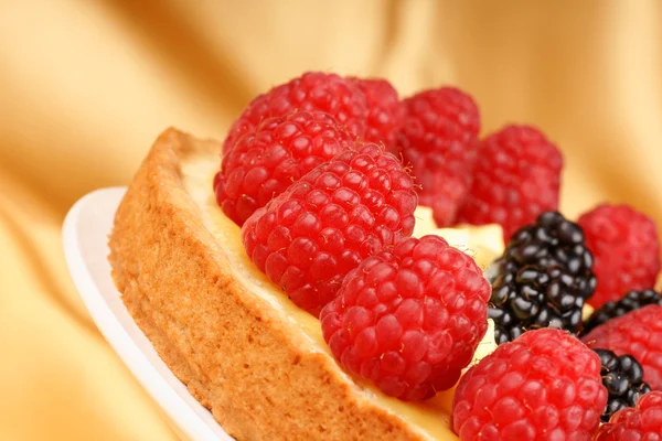 Nahaufnahme einer Puddingtorte mit Himbeeren und Brombeeren — Stockfoto