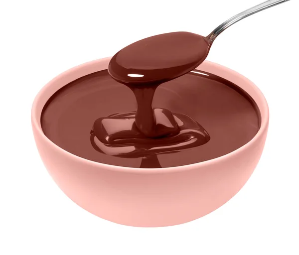 Melted Chocolate Collected Teaspoon Bowl Isolated White — Foto de Stock