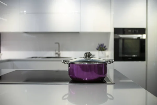 Modern Kitchen Metal Pot Foreground — Stock Photo, Image