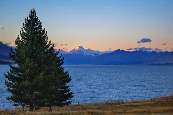 Jezero Pukaki Mount Cook Při Západu Slunce Nový Zéland — Stock fotografie