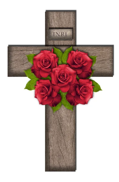 Cruz de madera con rosas — Foto de Stock