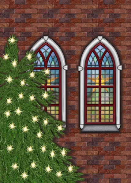 Antigua iglesia de ladrillo con árbol de Navidad —  Fotos de Stock