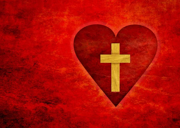 Red heart with cross, on a textured red background — Stock Photo, Image