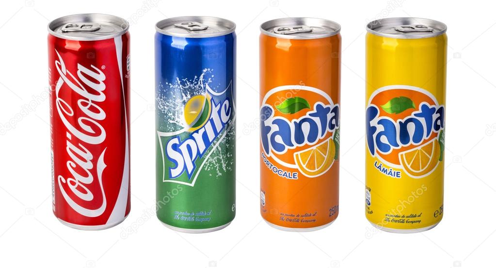 CHISINAU, MOLDOVA - November 14, 2015:  Coca-Cola, Fanta and Sprite cans on white background. These  drinks are most popular brands of Coca-Cola Company based in Atlanta, Georgia.