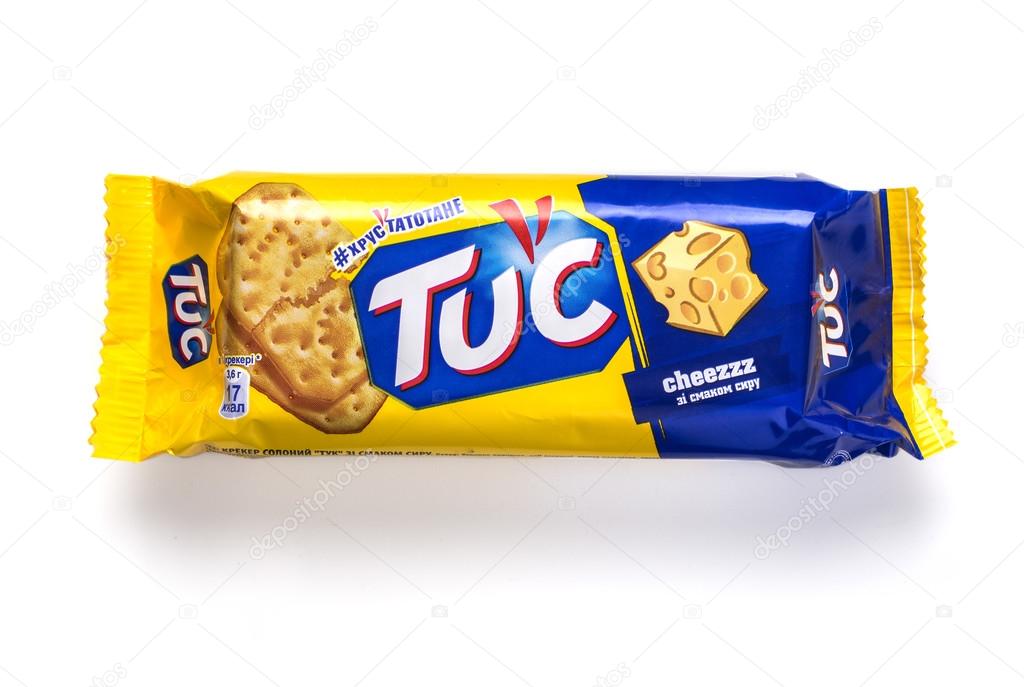 CHISINAU, MOLDOVA August 28, 2016. Tuc Original Snack Crackers isolated on white. TUC is a brand of snack biscuit marketed by Mondelez International