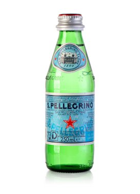 Chisinau, Moldova November 16, 2020: S. Pellegrino sparkling natural mineral water. Bottled at the source San Pellegrino terme in Bergamo, Italy. clipart