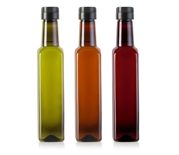 Set Flessen Olijfolie Geïsoleerd Een Witte Achtergrond Bestand Bevat Clipping — Stockfoto