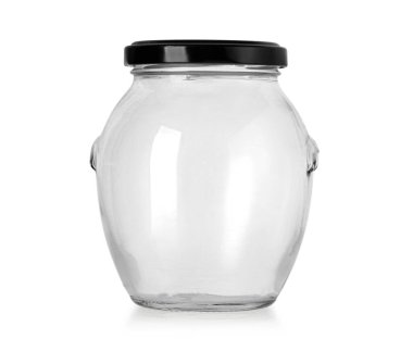 Yemek için boş cam kavanoz ve kırpma yolu olan beyaza izole edilmiş konserve yiyecekler.