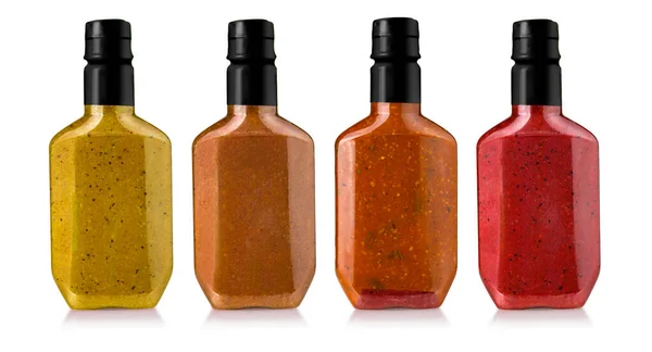 Salsas Barbacoa Botellas Vidrio Aisladas Sobre Fondo Blanco — Foto de Stock