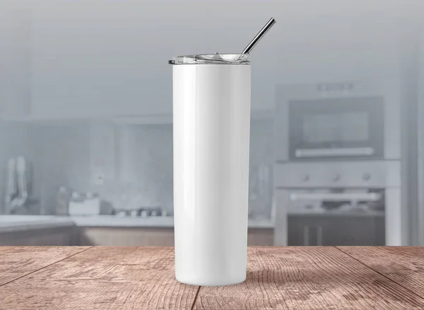 Tomma Rostfritt Stål Tumbler Suddig Abstrakt Bakgrund Moderna Plattor Vägg — Stockfoto