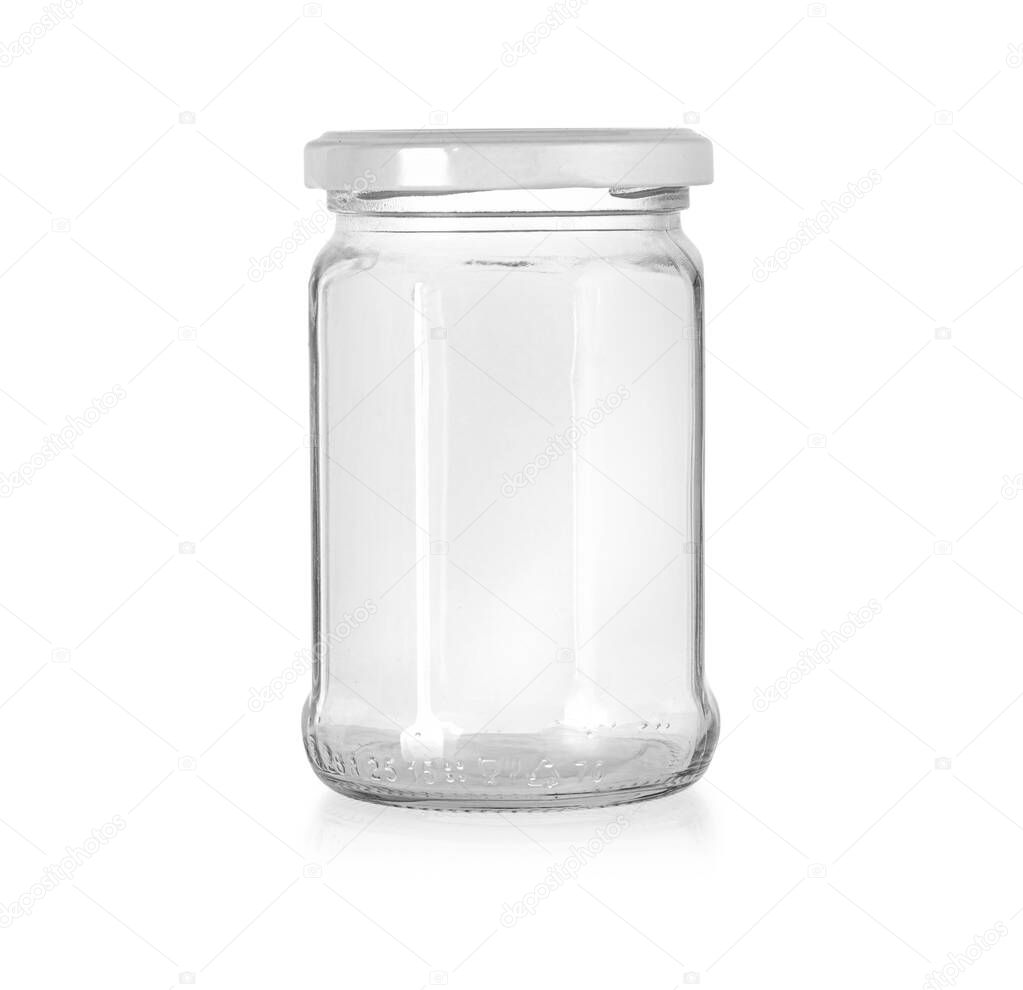 Open empty glass jar for food and canned food. Isolated on white background with clipping path