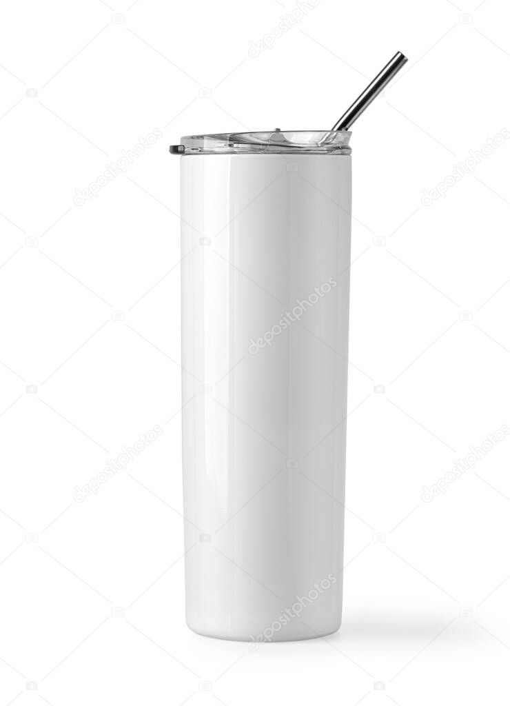 Blank Stainless Steel Tumbler with Lid for branding mock up. Isolated on white with clipping path